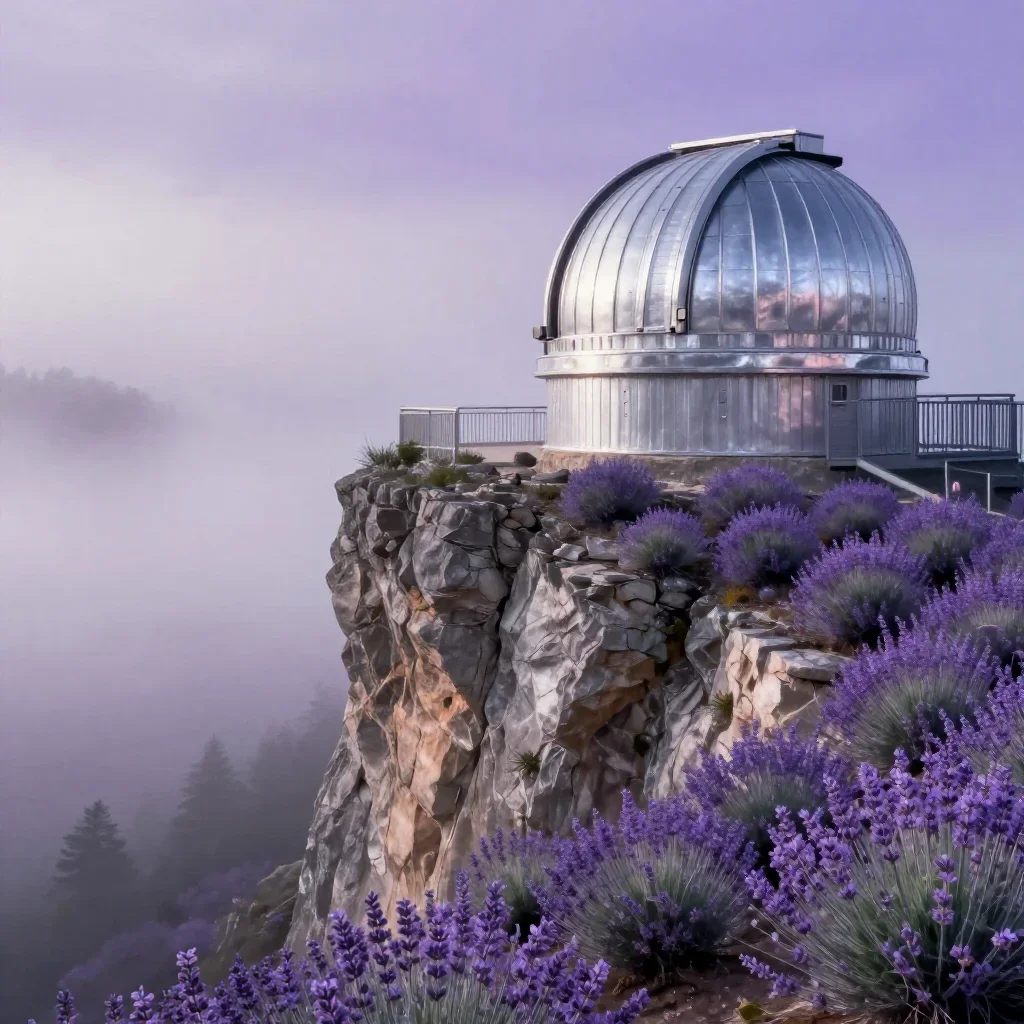 a cliffside observatory in early spring mist, dreamlike fine-art landscape photography, crisp material detail, lavender 