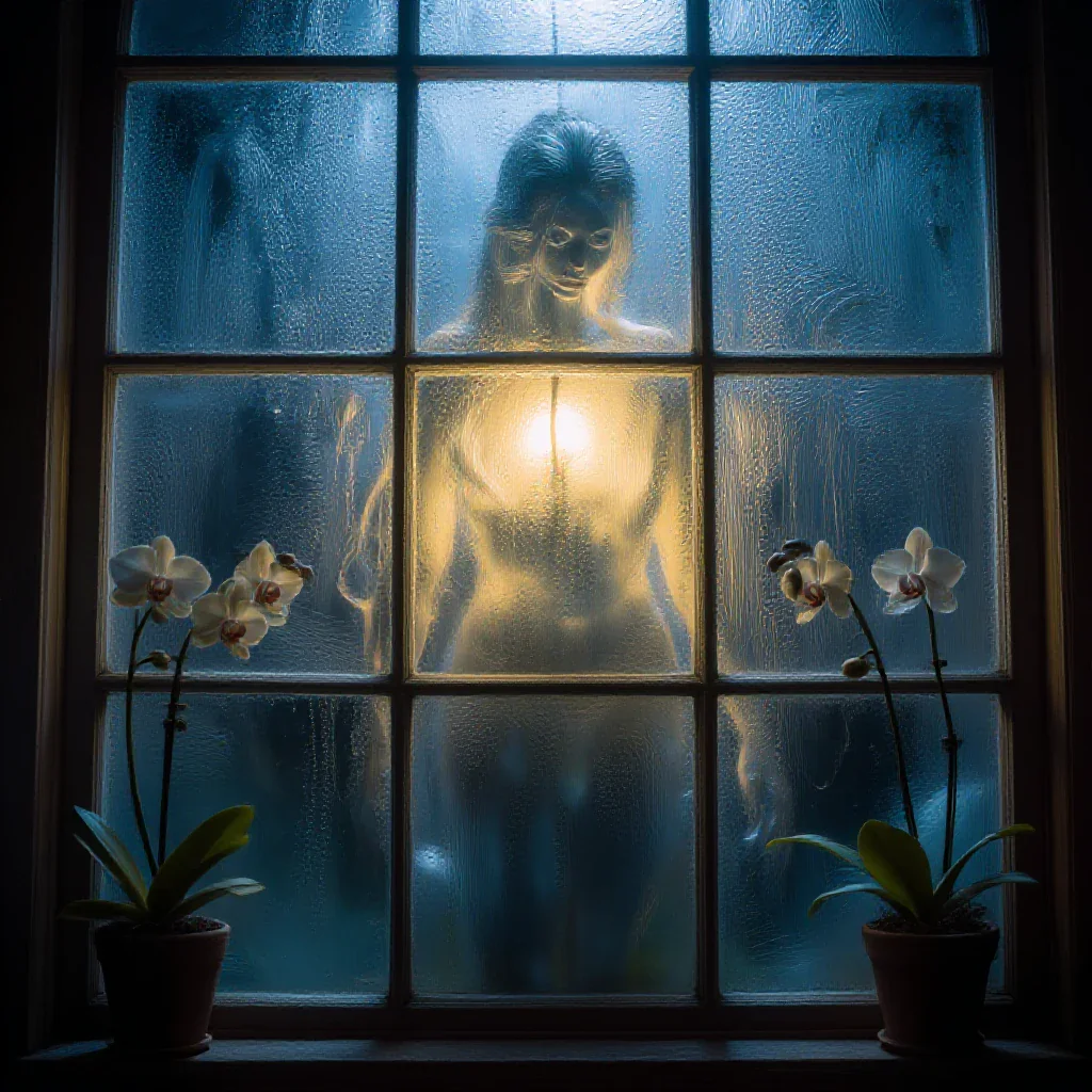 Glass orchid greenhouse at night, condensation, orchid glow, soft body silhouette behind frosted panes