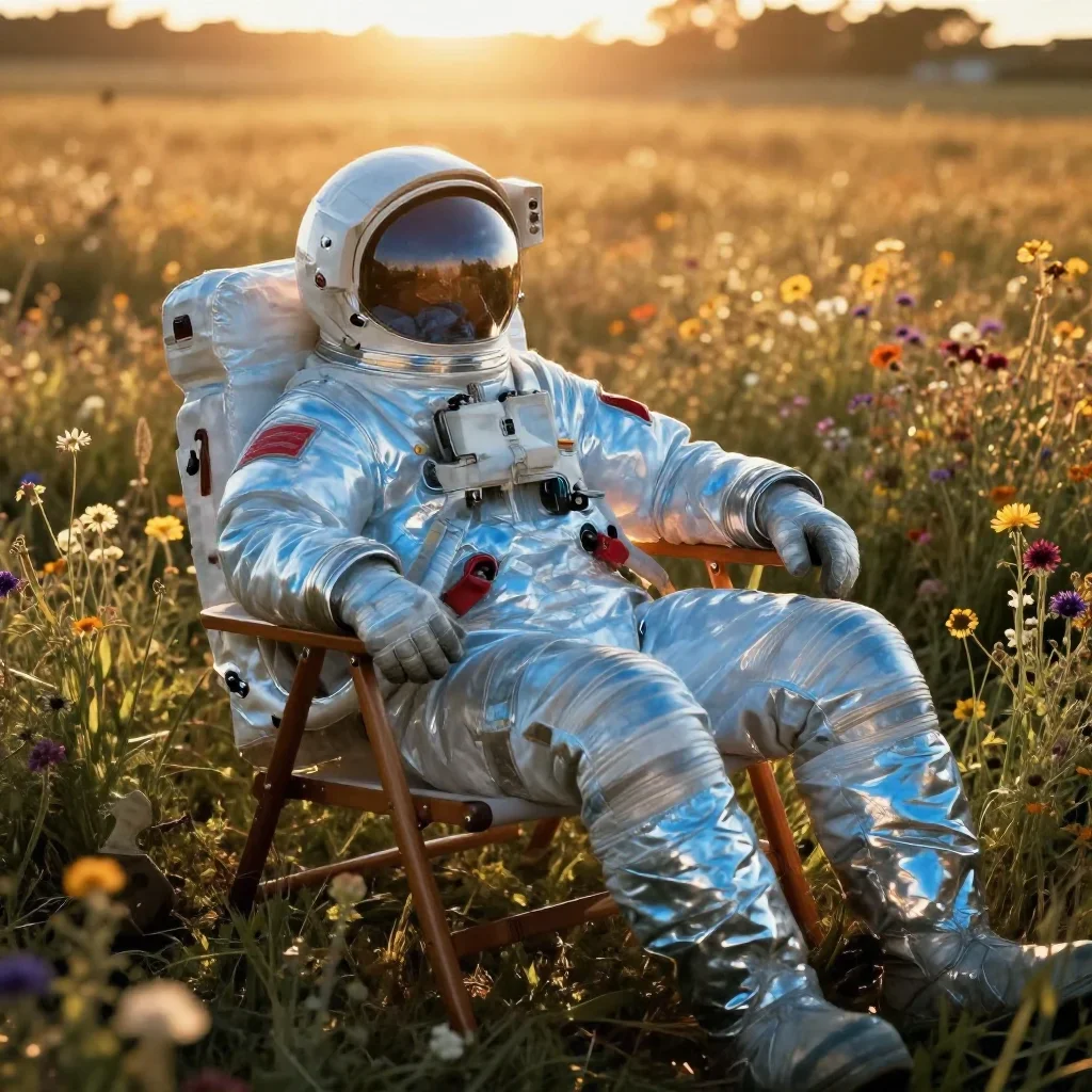 an astronaut in a reflective bodysuit among wildflowers reclining elegantly on a chaise, in a backlit golden-hour field,