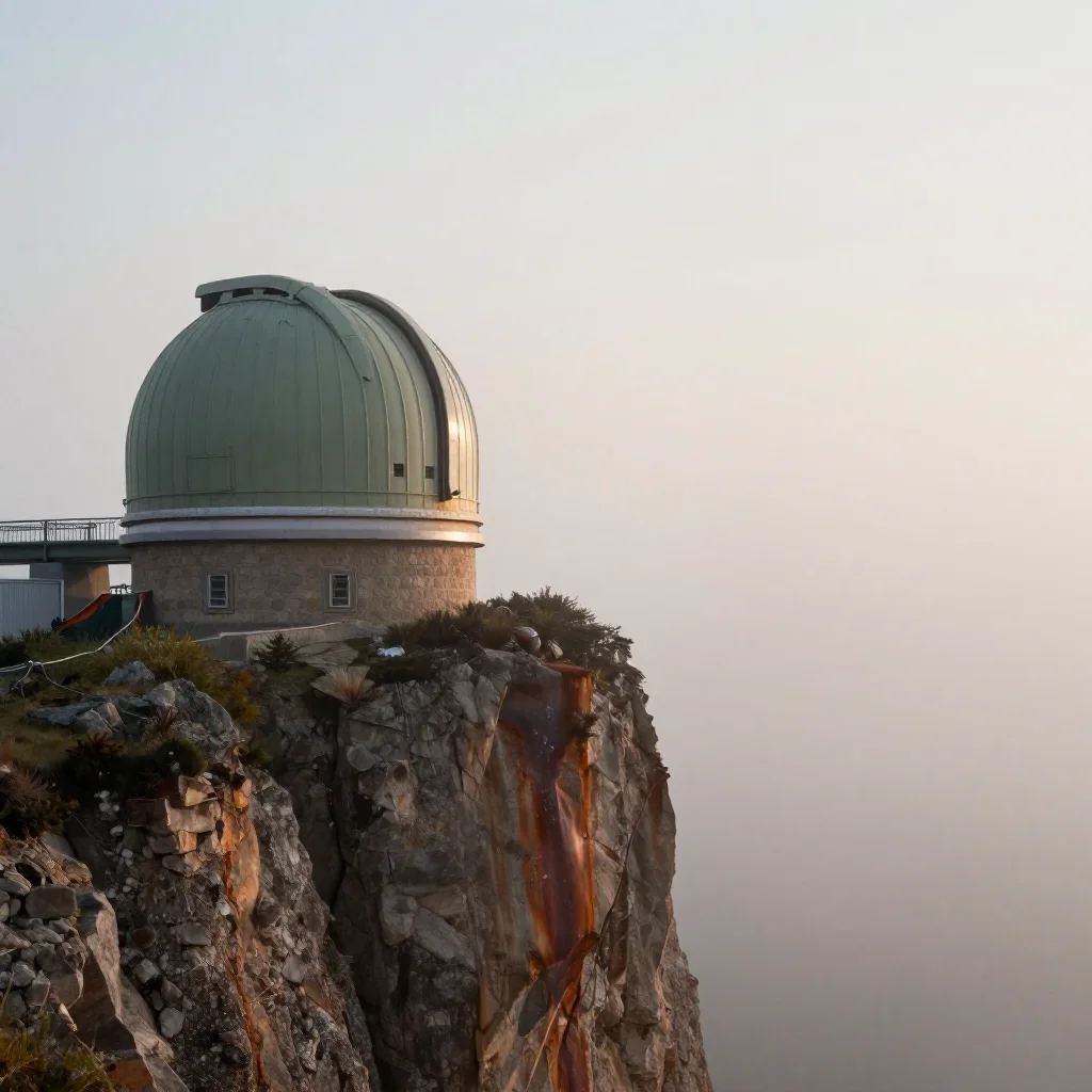 a cliffside observatory under soft dawn fog, refined editorial travel photography, atmospheric depth, rust and sage pale