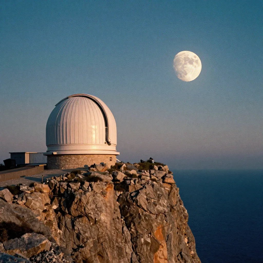 a cliffside observatory at moonrise, soft-grain analog film photography, gentle reflected light, cobalt and amber palett