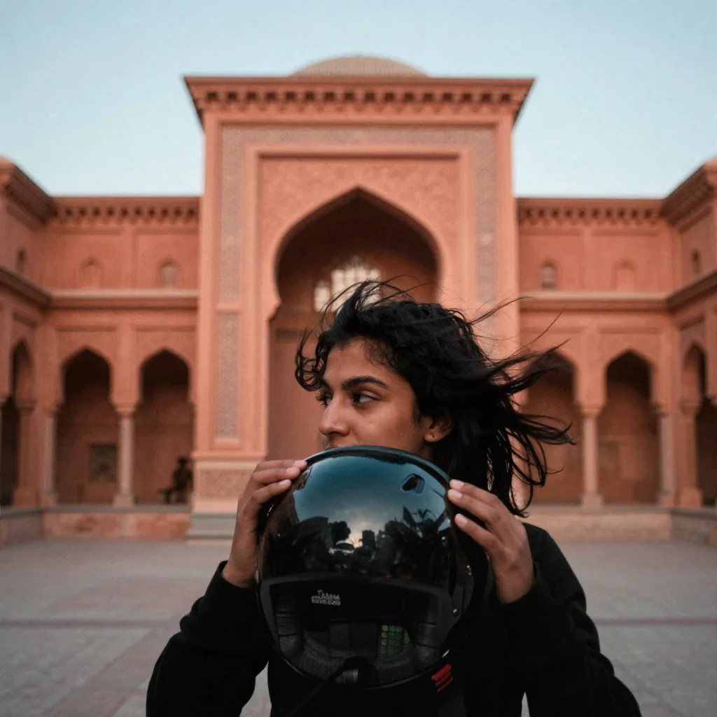 a rider removing a helmet, flushed and windblown in a coy glance from under lowered lashes, in a moonlit palace courtyar
