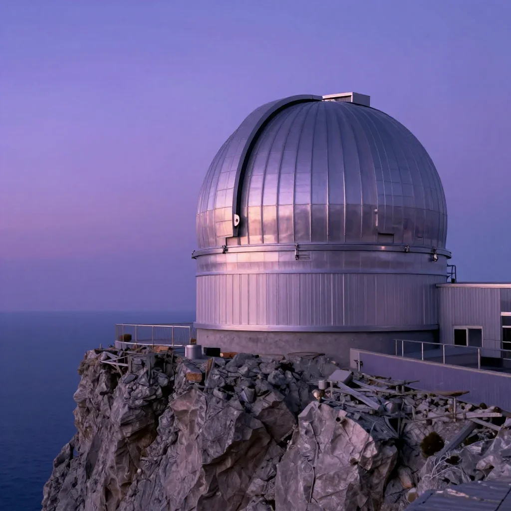 a cliffside observatory at blue hour, cinematic architectural photography, soft volumetric light, lavender and silver pa