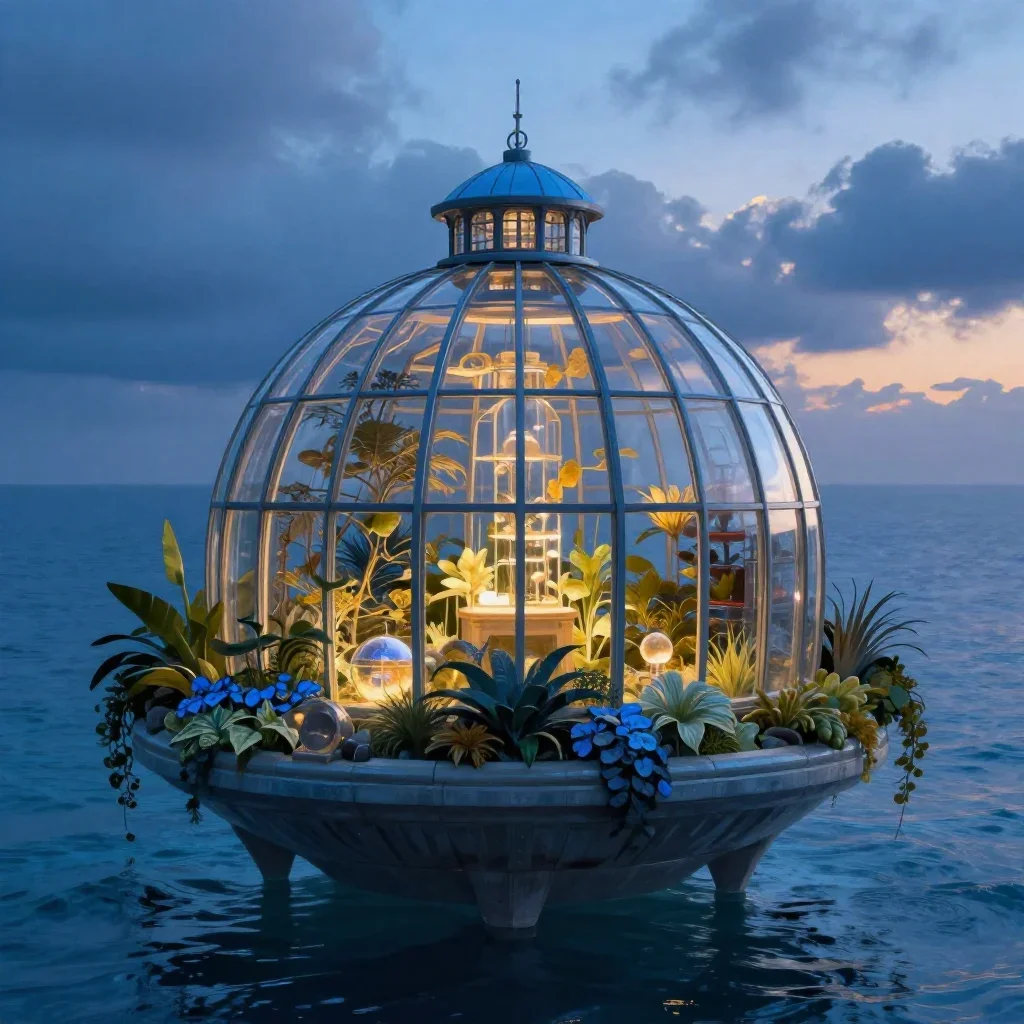 a floating botanical conservatory in a gentle sea breeze, quiet science-fiction concept art, crisp material detail, coba