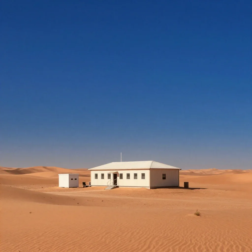 a desert research station in quiet late-afternoon haze, Japanese woodblock-inspired editorial art, calm negative space, 