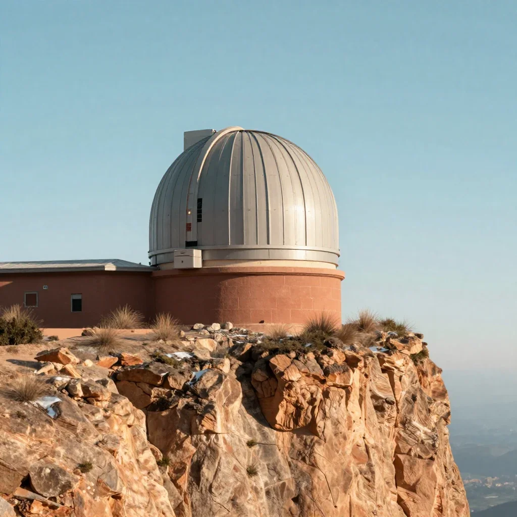 a cliffside observatory in crisp winter sunlight, high-end design magazine photography, restrained color harmony, terrac
