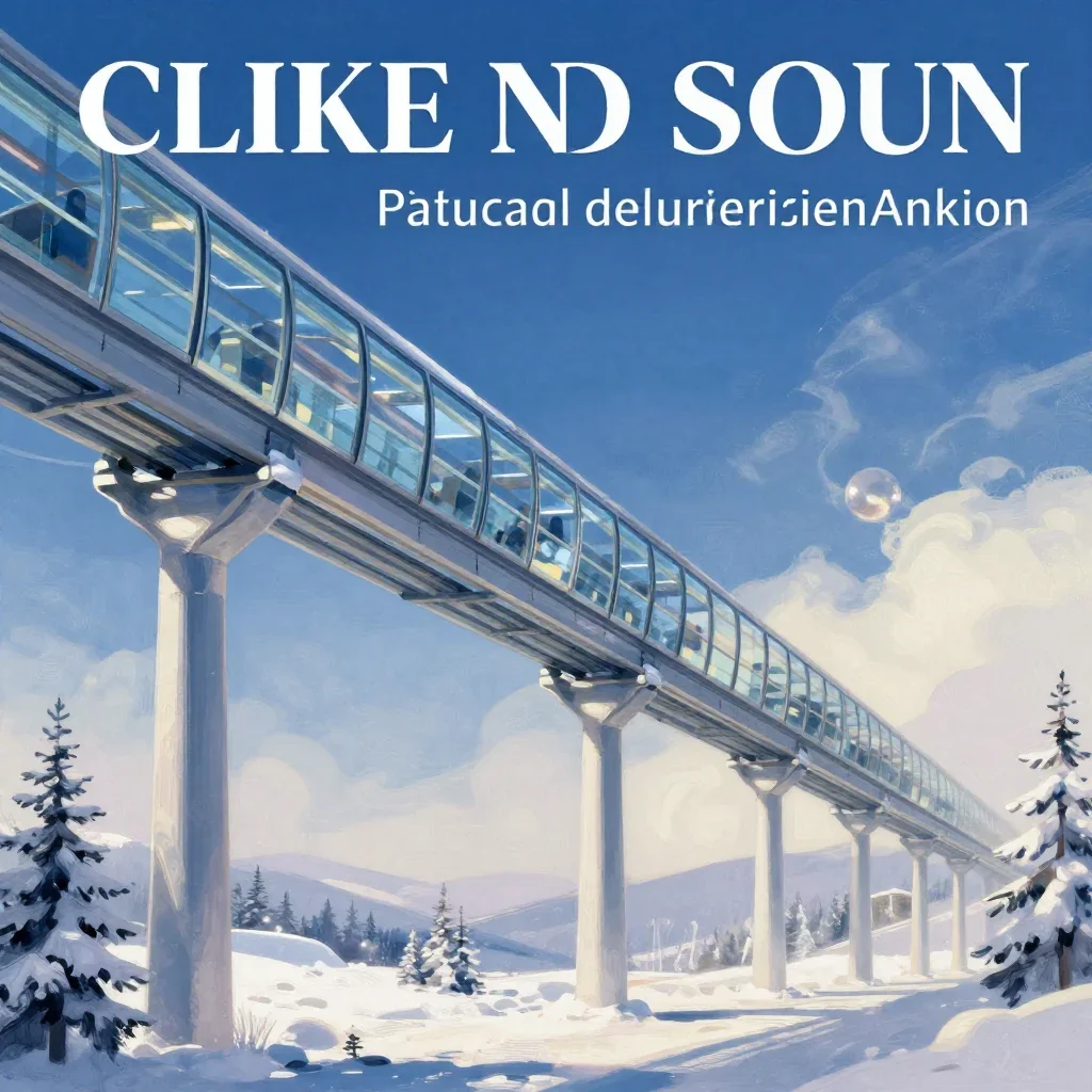 a glass monorail in crisp winter sunlight, modernist poster illustration, soft volumetric light, indigo and pearl palett