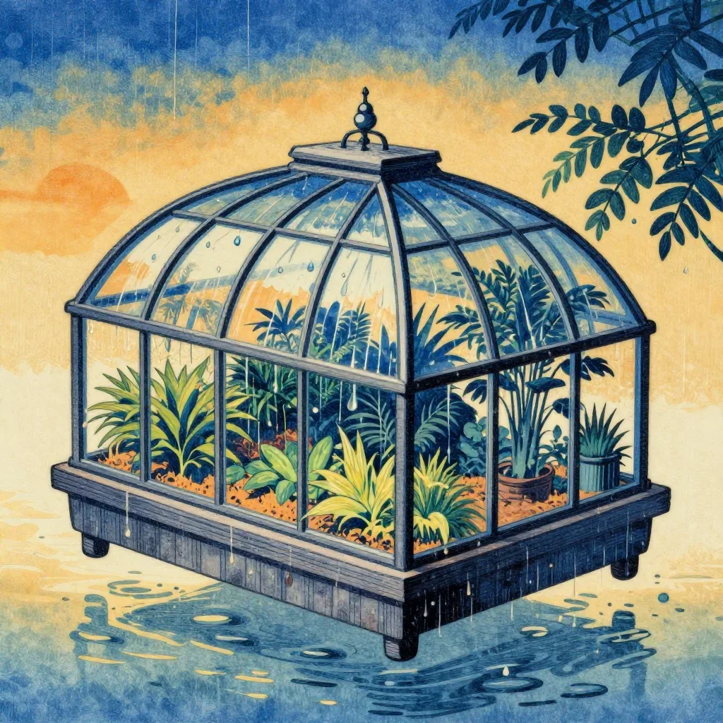 a floating botanical conservatory after warm summer rain, Japanese woodblock-inspired editorial art, crisp material deta