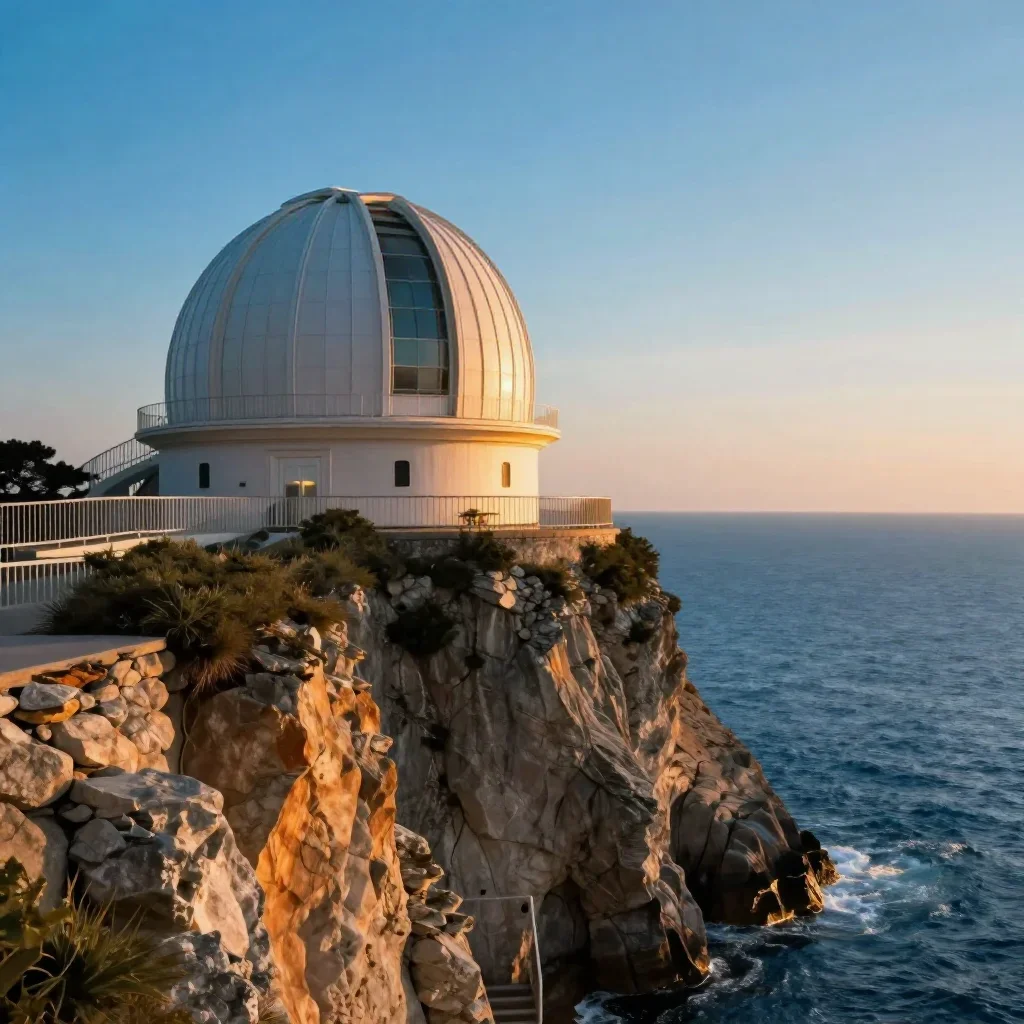 a cliffside observatory in a gentle sea breeze, cinematic architectural photography, soft volumetric light, cobalt and a