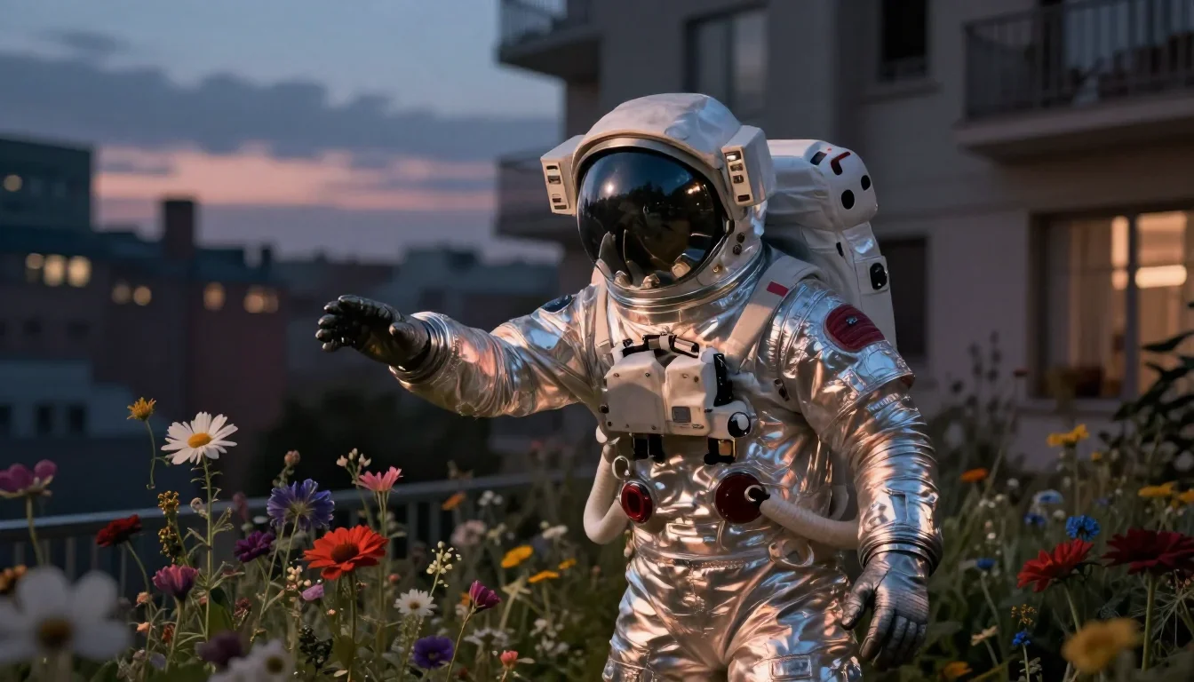 an astronaut in a reflective bodysuit among wildflowers in a gentle reach toward the lens, in a blue-hour city apartment