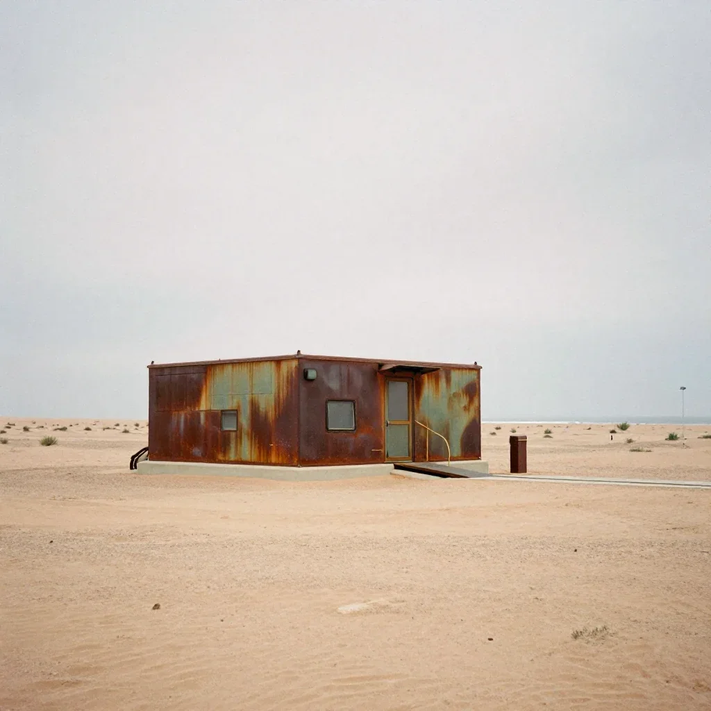a desert research station under overcast coastal light, soft-grain analog film photography, gentle reflected light, rust