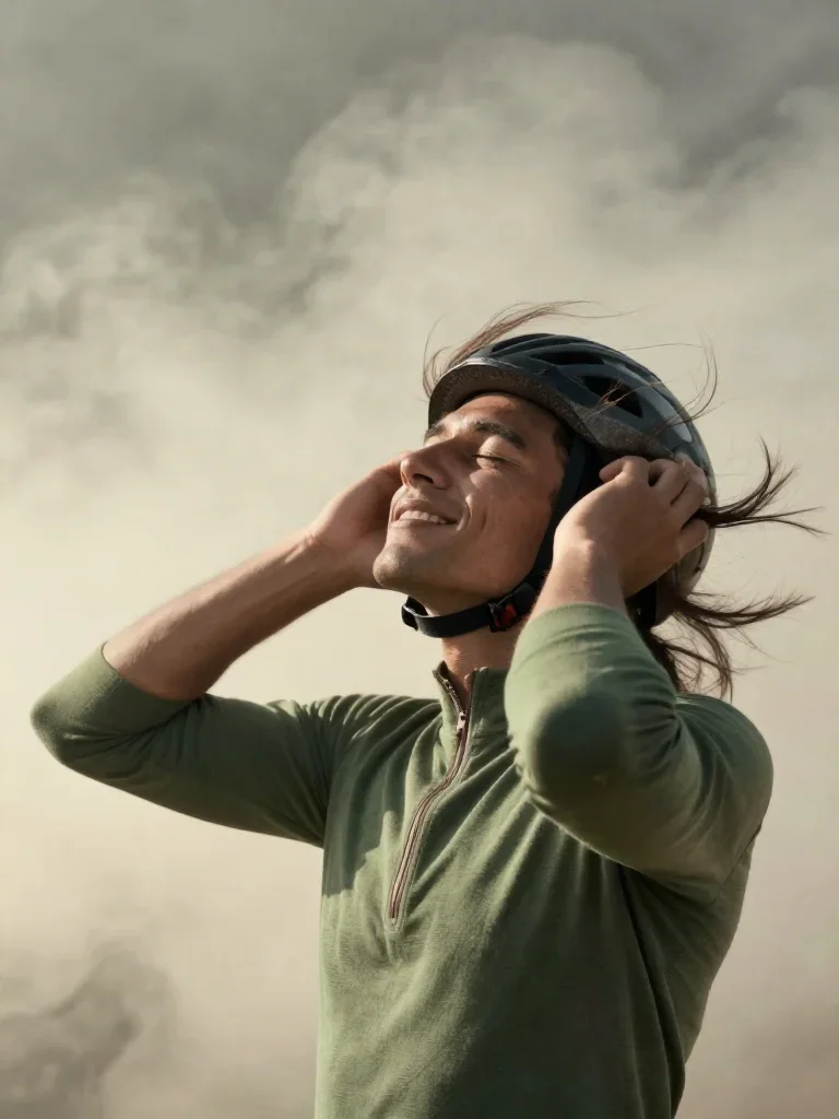 a rider removing a helmet, flushed and windblown in a deep breath with eyes closed, in a smoke-lit photo studio, editori