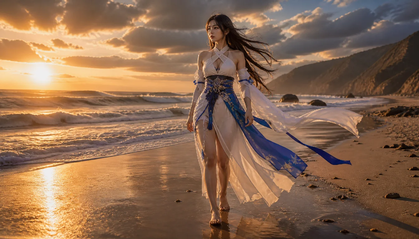 Use case: photorealistic-natural. Asset type: cinematic first frame for an image-guided video. A striking adult anime-inspired heroine, age 25, walking barefoot along a windswept beach at golden hour, realistic human...