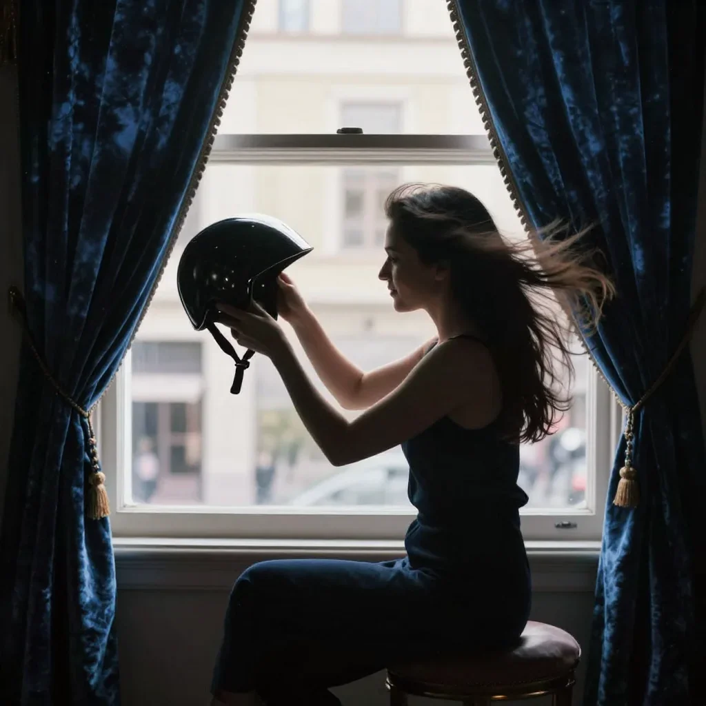 a rider removing a helmet, flushed and windblown in a seated silhouette against a window, in a velvet-curtained boudoir,