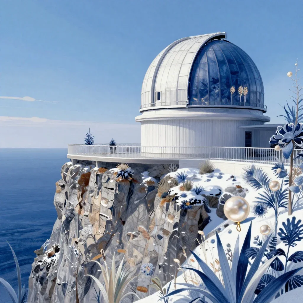 a cliffside observatory in crisp winter sunlight, contemporary botanical illustration, clean natural textures, indigo an