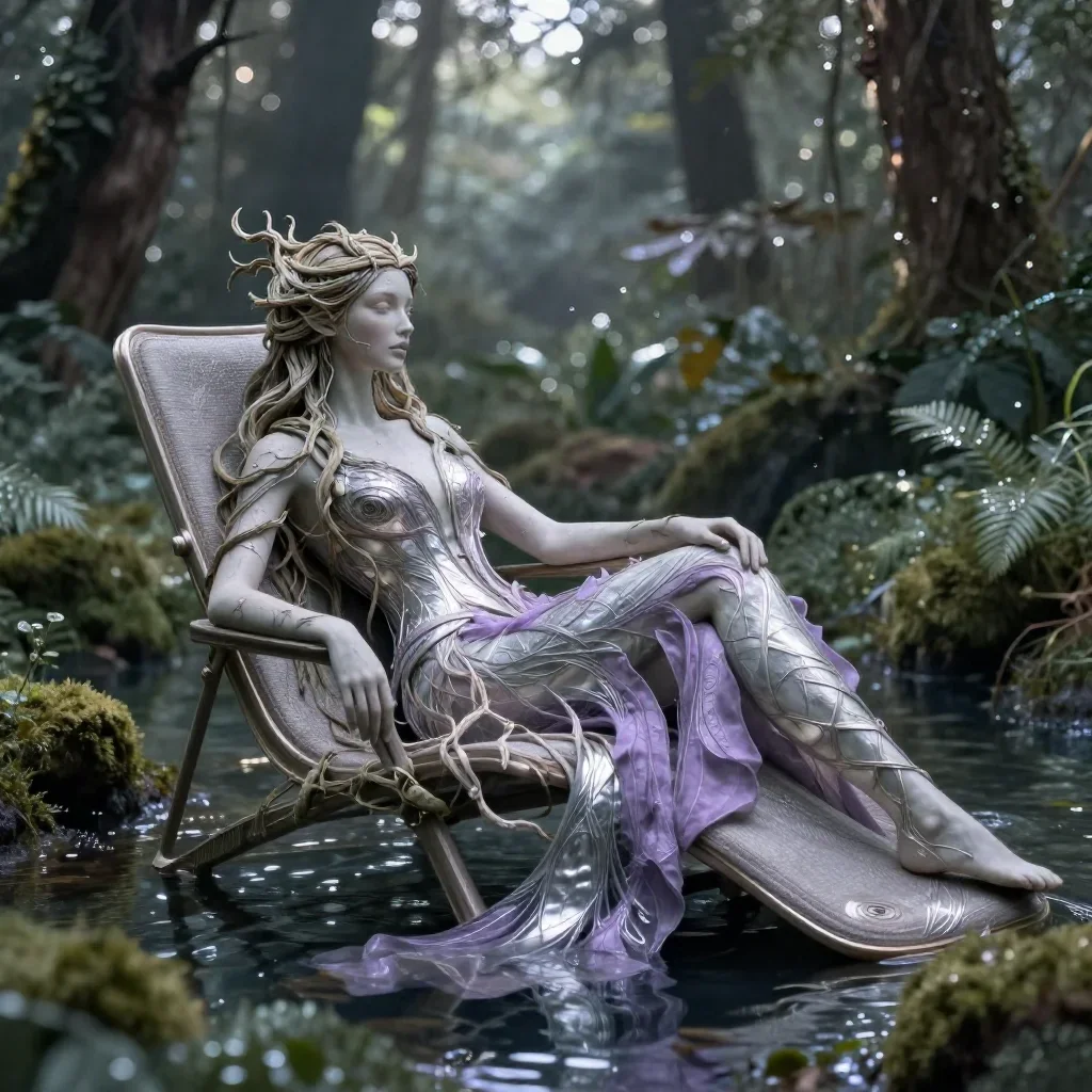 a dryad with vine-woven hair in a forest pool reclining elegantly on a chaise, in a dewy forest clearing, futuristic spe