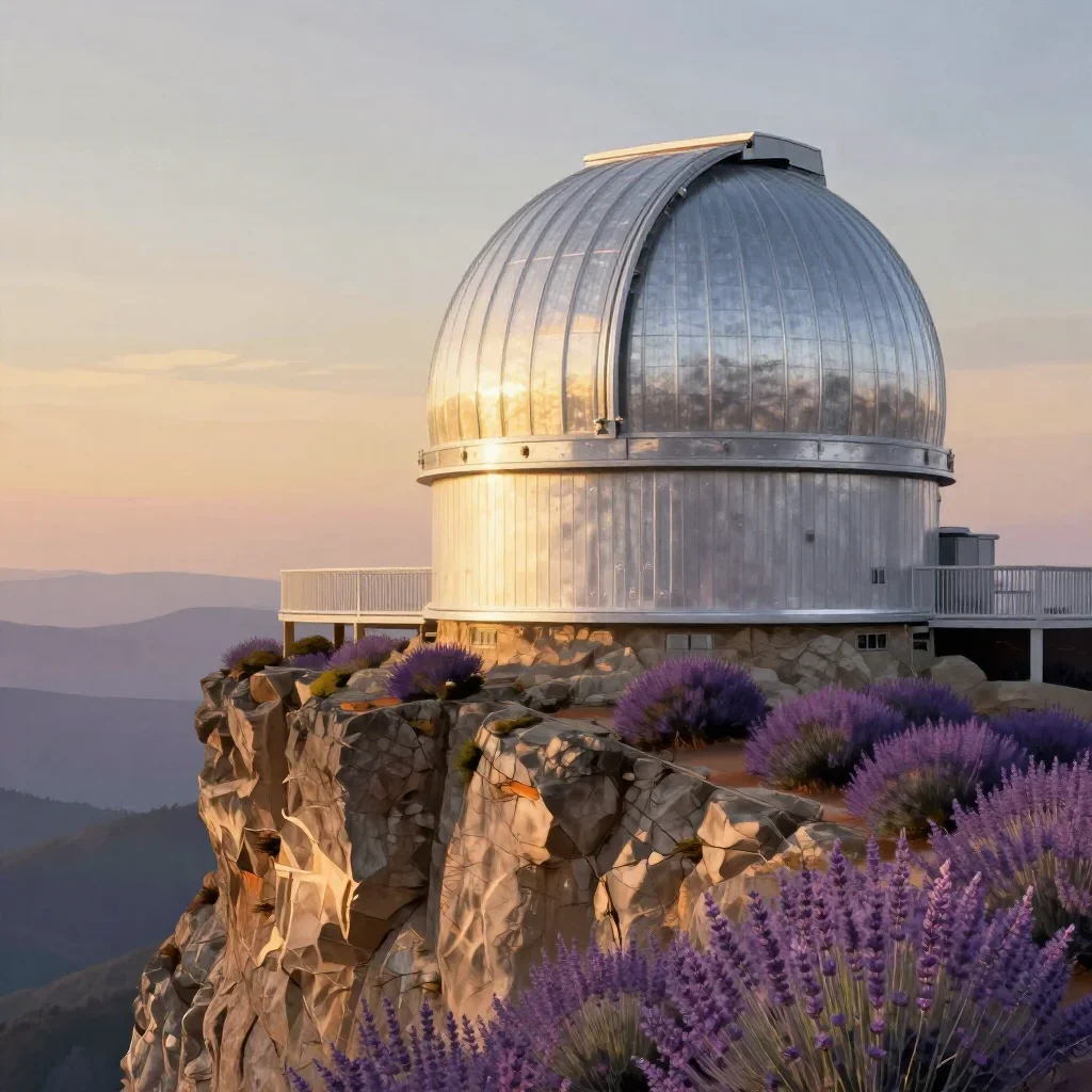 a cliffside observatory during golden hour, Japanese woodblock-inspired editorial art, clean natural textures, lavender 