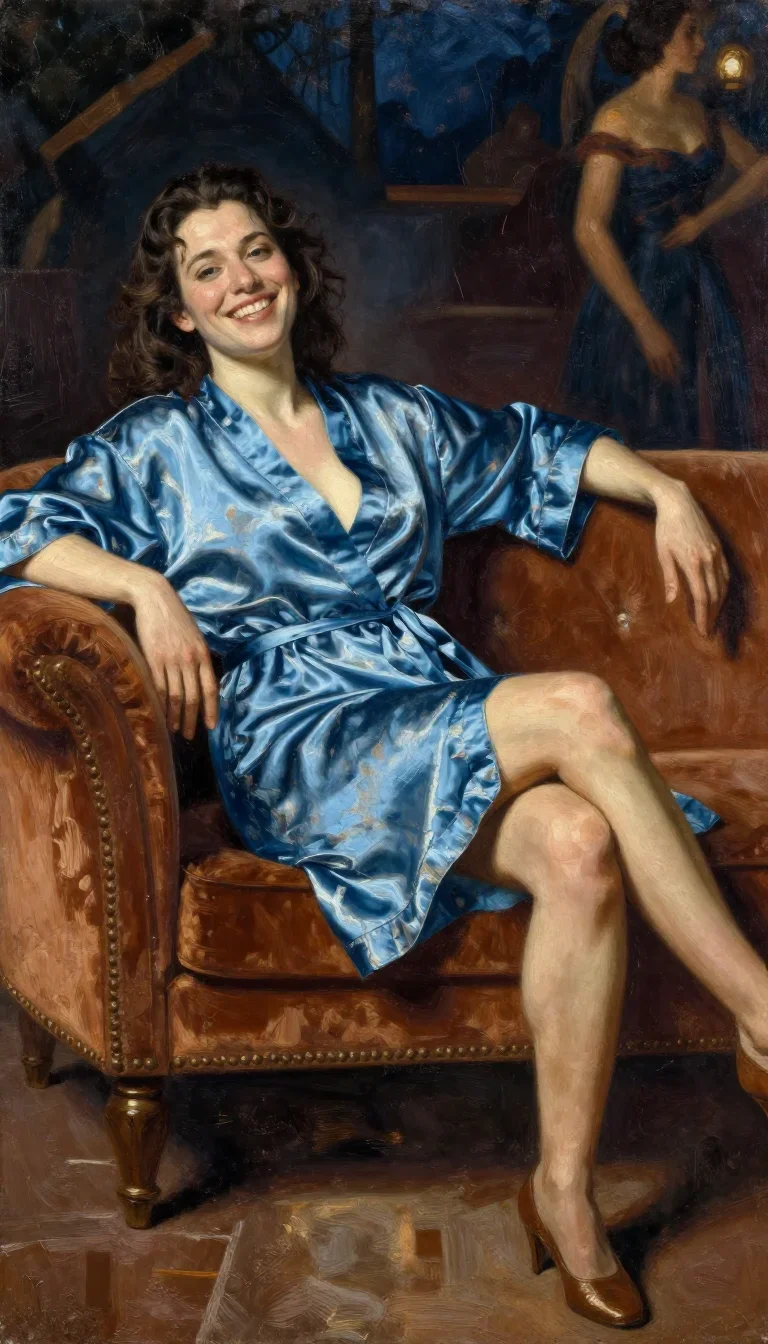 a smiley lounge singer in a satin robe reclining elegantly on a chaise, on a midnight dance floor, Renaissance chiaroscu