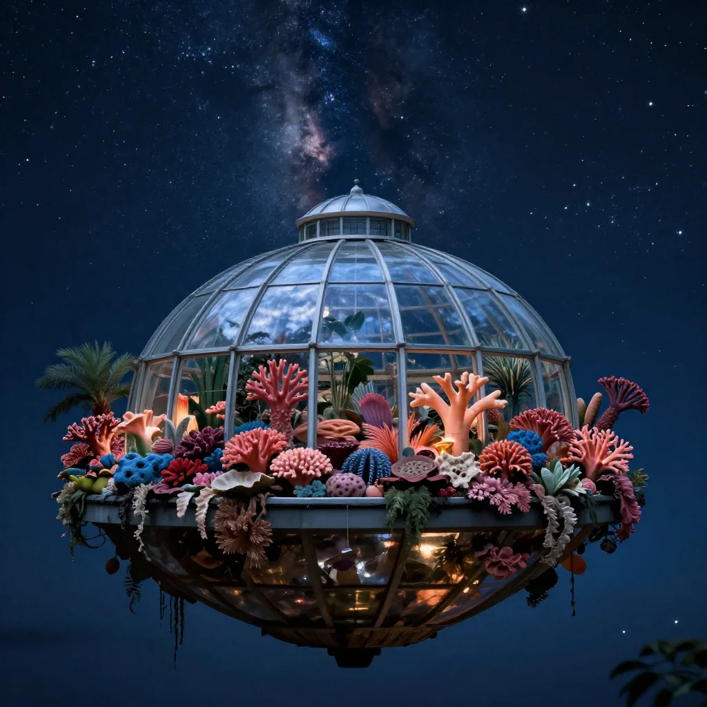 a floating botanical conservatory beneath a star-filled sky, dreamlike fine-art landscape photography, gentle reflected 