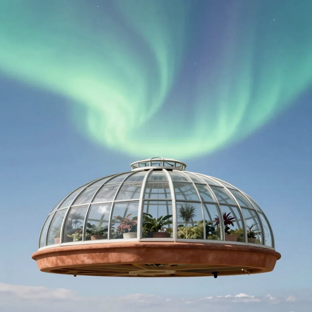 a floating botanical conservatory beneath an aurora, refined editorial travel photography, clean natural textures, terra