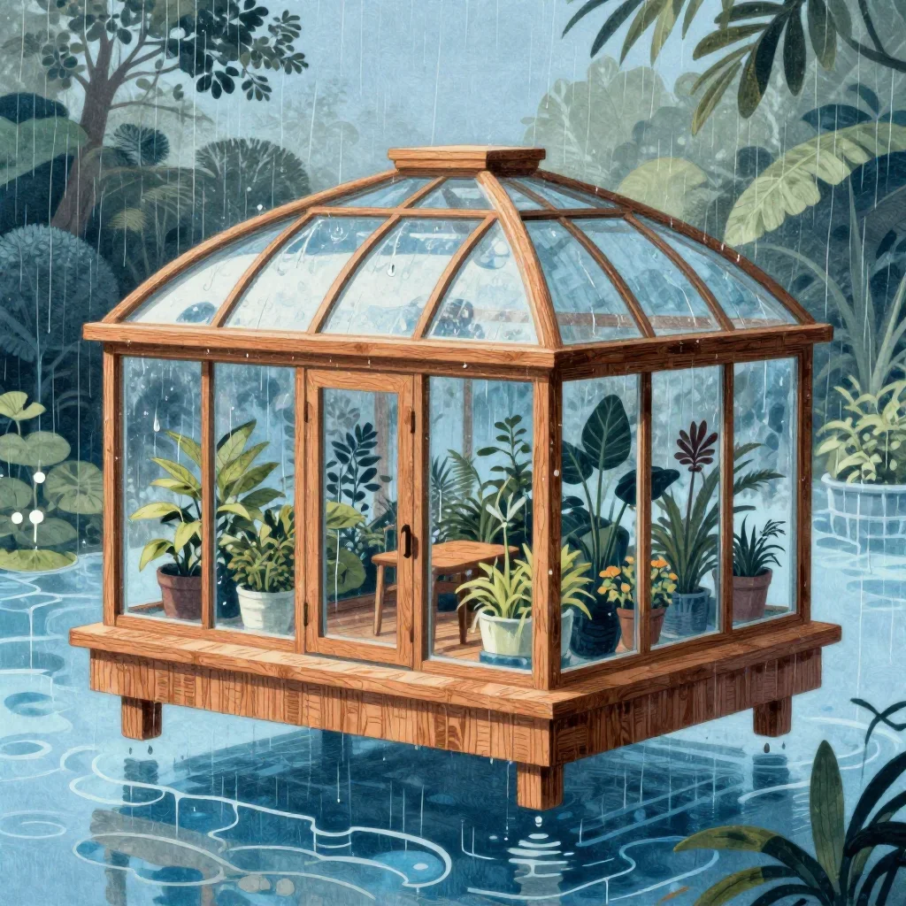 a floating botanical conservatory after warm summer rain, Japanese woodblock-inspired editorial art, atmospheric depth,