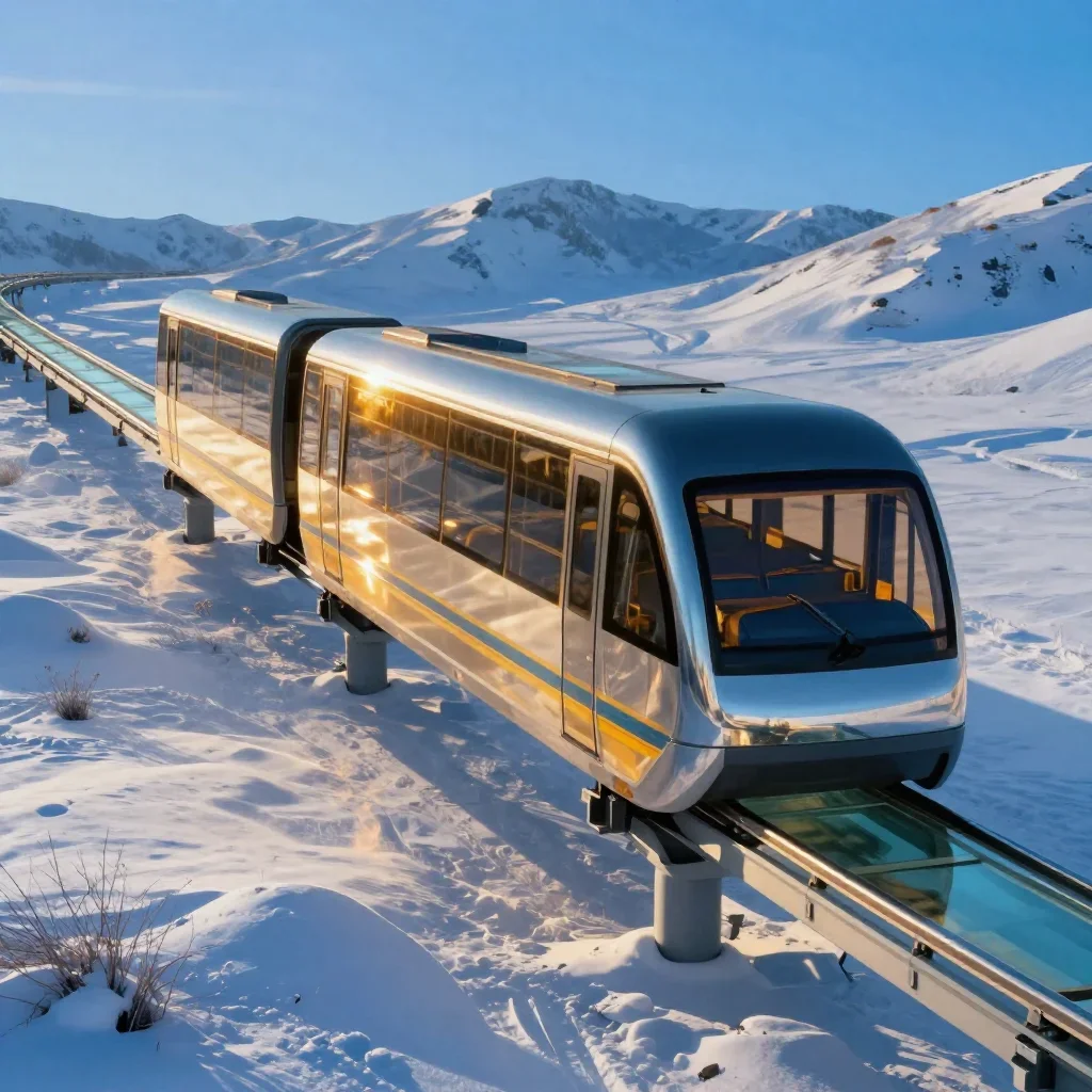 a glass monorail in crisp winter sunlight, museum-quality still-life photography, crisp material detail, cobalt and ambe