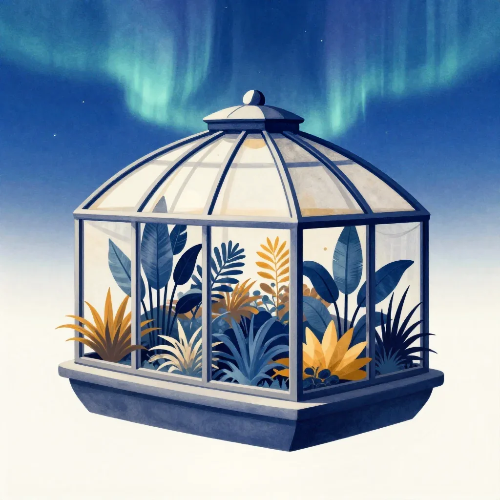 a floating botanical conservatory beneath an aurora, contemporary botanical illustration, clean natural textures, cobalt