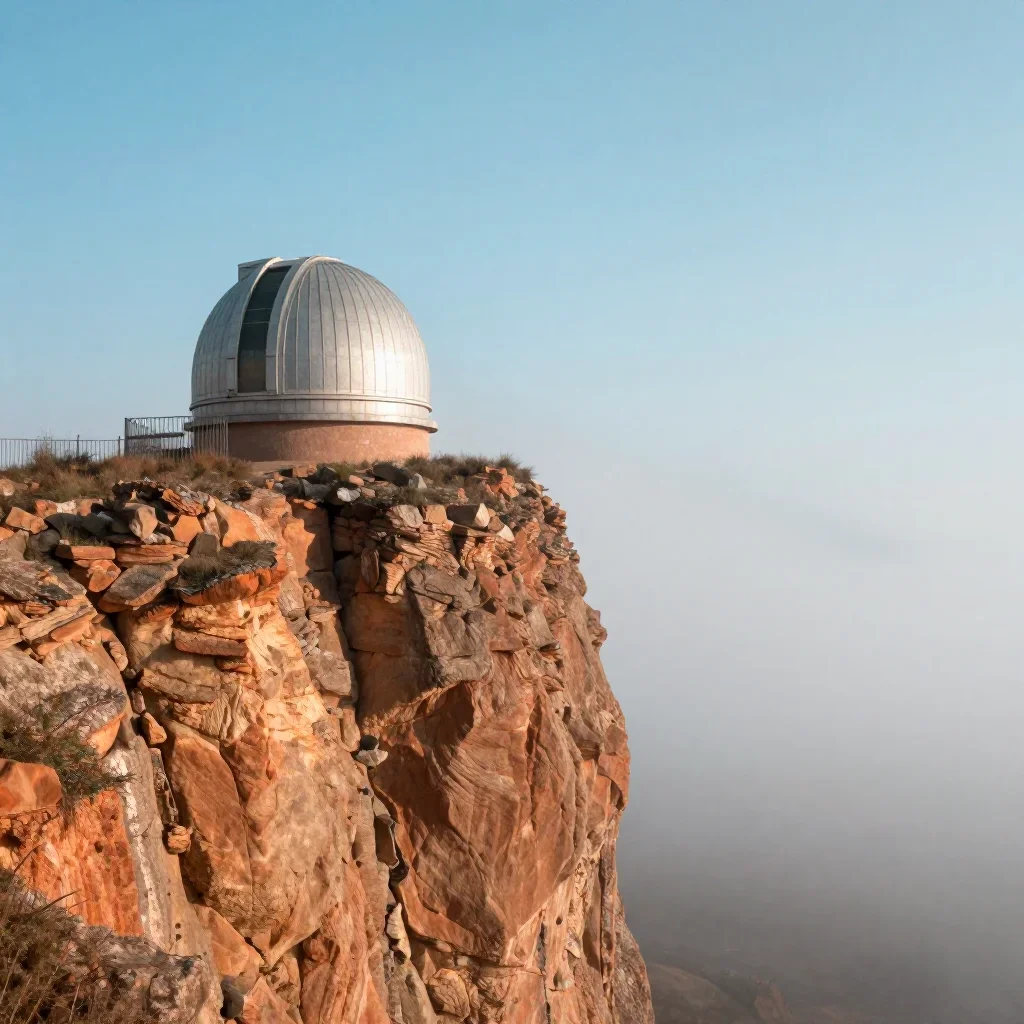 a cliffside observatory in early spring mist, dreamlike fine-art landscape photography, clean natural textures, terracot
