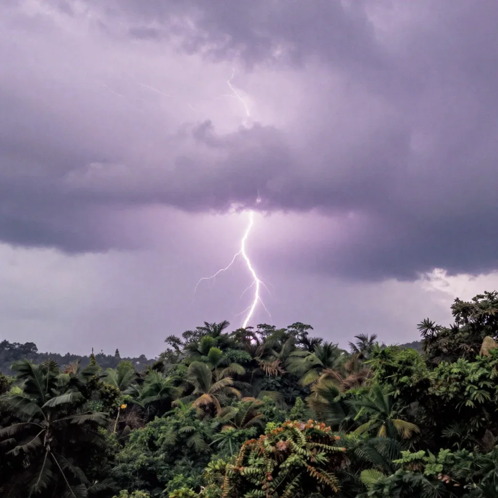 a cloud forest canopy after a distant thunderstorm, macro natural-history photography, subtle film grain, lavender and s