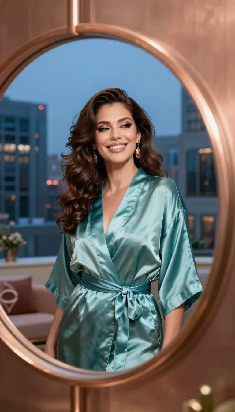 a smiley lounge singer in a satin robe in a coy glance from under lowered lashes, in a blue-hour city apartment, futuris