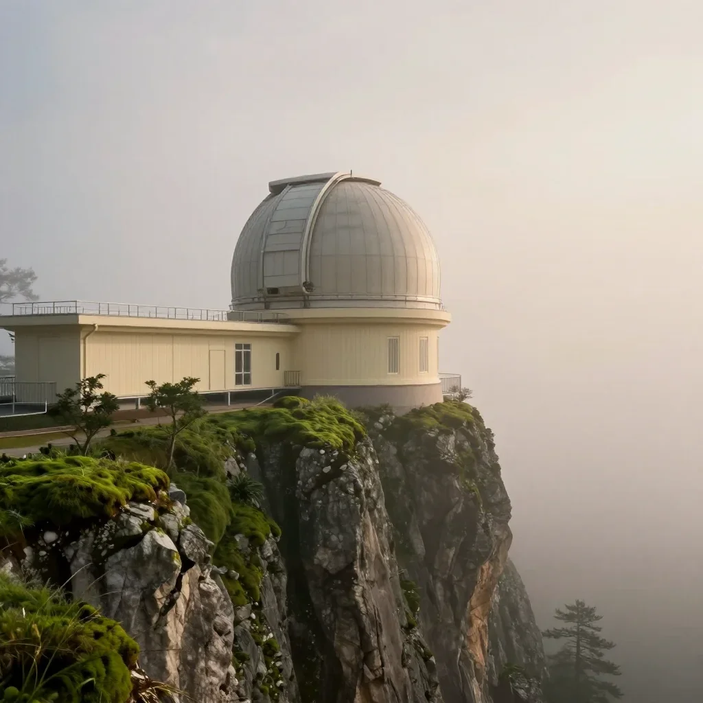 a cliffside observatory under soft dawn fog, cinematic architectural photography, atmospheric depth, moss green and cream palette, no people, no text, no logo, no watermark