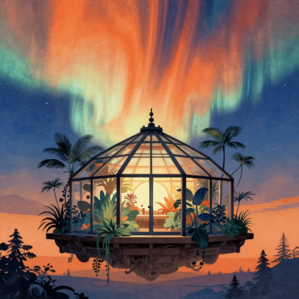 a floating botanical conservatory beneath an aurora, Japanese woodblock-inspired editorial art, soft volumetric light, o
