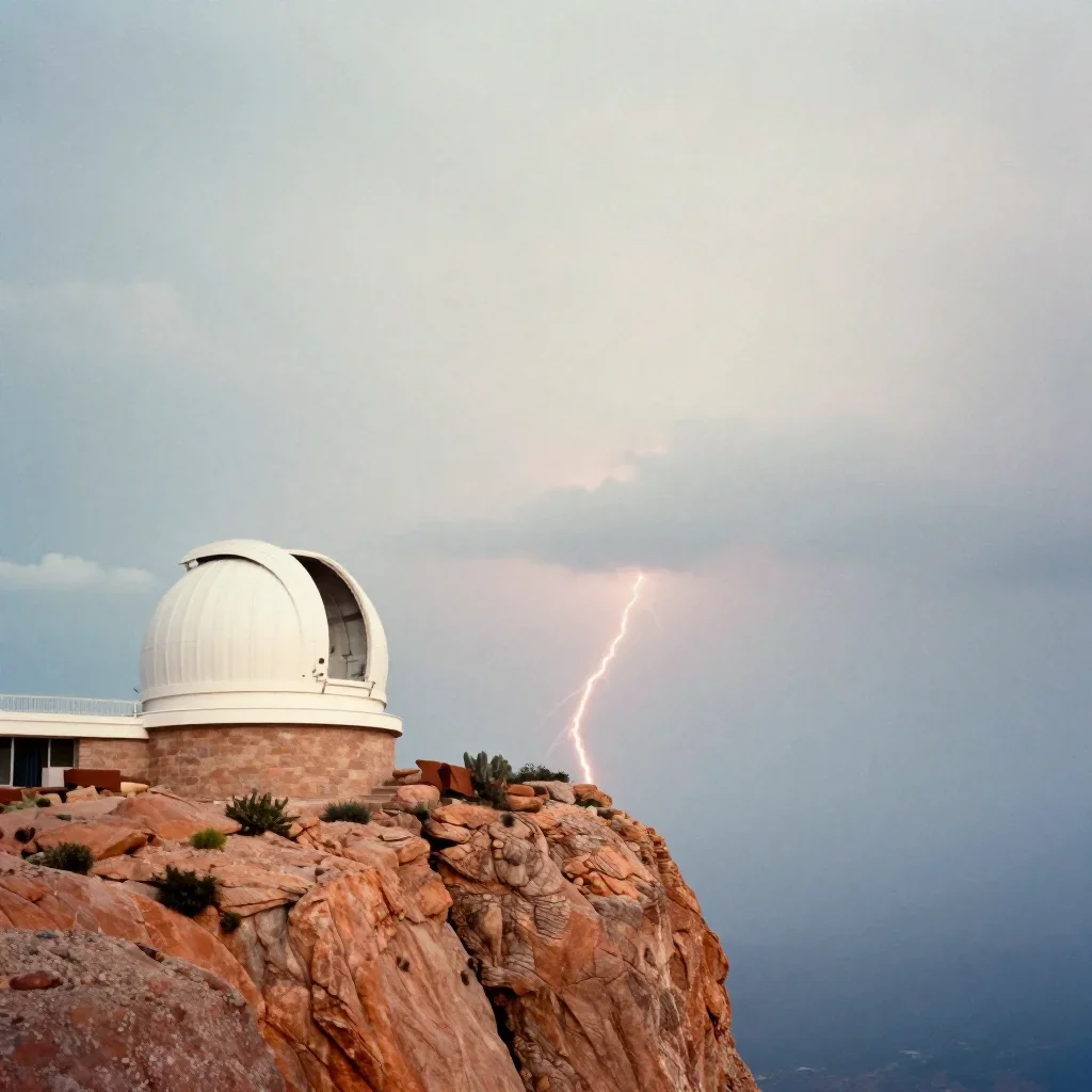 a cliffside observatory after a distant thunderstorm, soft-grain analog film photography, calm negative space, terracott