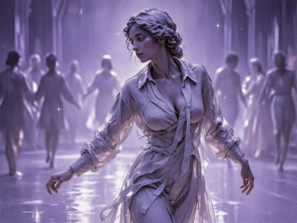 a sculptor at rest in a linen shirt, dust-hazed in a confident cinematic stride, on a midnight dance floor, Renaissance 