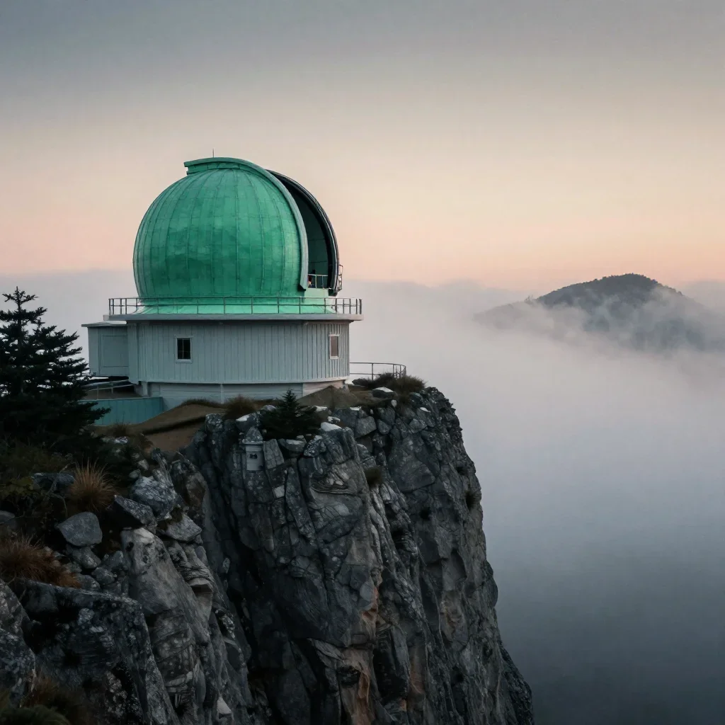 a cliffside observatory under soft dawn fog, Japanese woodblock-inspired editorial art, subtle film grain, jade and char