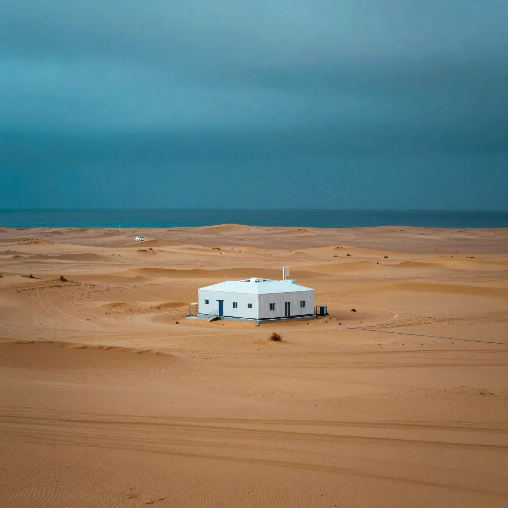 a desert research station under overcast coastal light, dreamlike fine-art landscape photography, atmospheric depth, cob