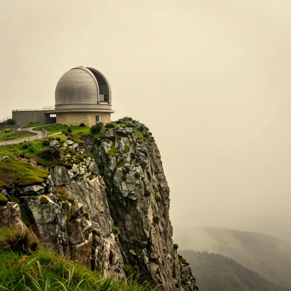 a cliffside observatory after warm summer rain, dreamlike fine-art landscape photography, calm negative space, moss gree
