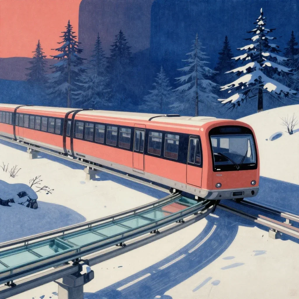 a glass monorail in crisp winter sunlight, Japanese woodblock-inspired editorial art, restrained color harmony, coral an