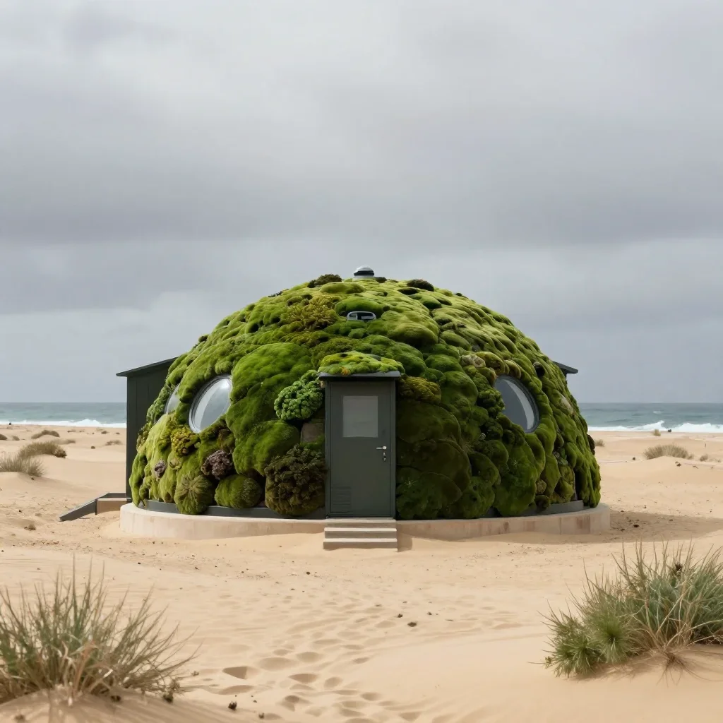 a desert research station under overcast coastal light, high-end design magazine photography, atmospheric depth, moss gr