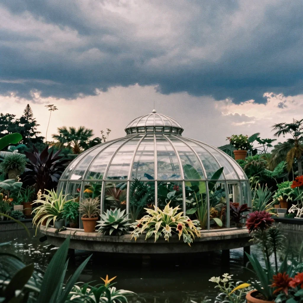 a floating botanical conservatory after a distant thunderstorm, soft-grain analog film photography, restrained color har