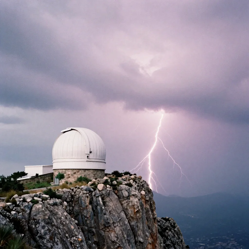 a cliffside observatory after a distant thunderstorm, soft-grain analog film photography, subtle film grain, lavender an