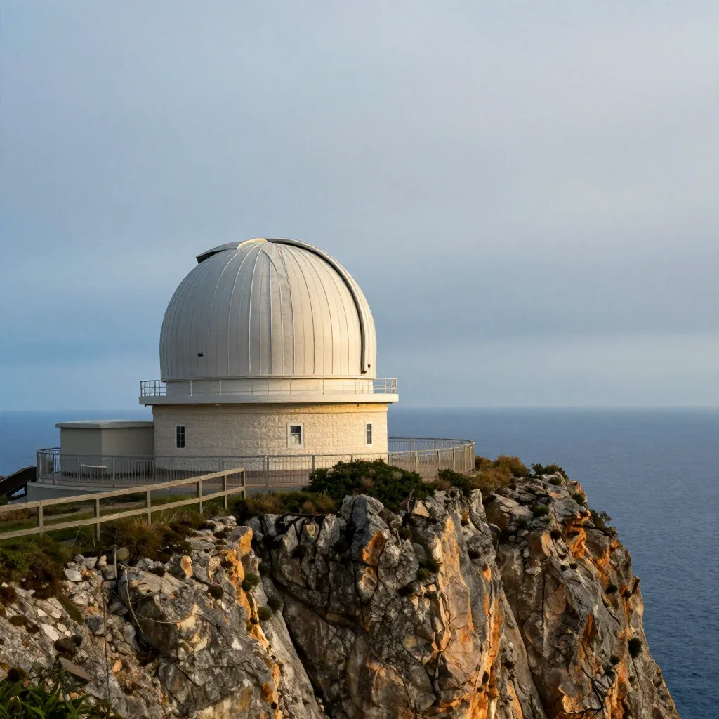 a cliffside observatory under overcast coastal light, museum-quality still-life photography, calm negative space, cobalt