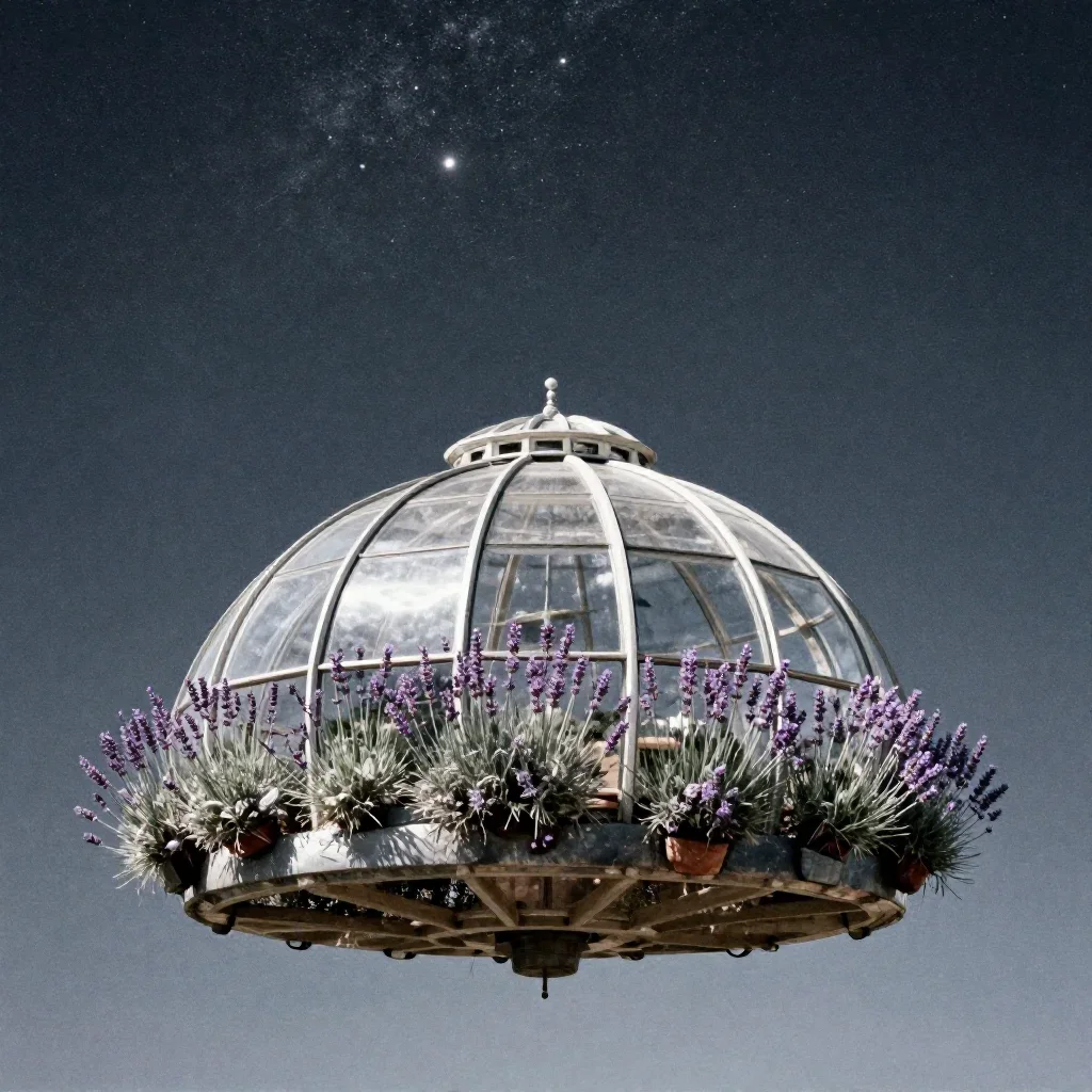 a floating botanical conservatory beneath a star-filled sky, soft-grain analog film photography, clean natural textures,