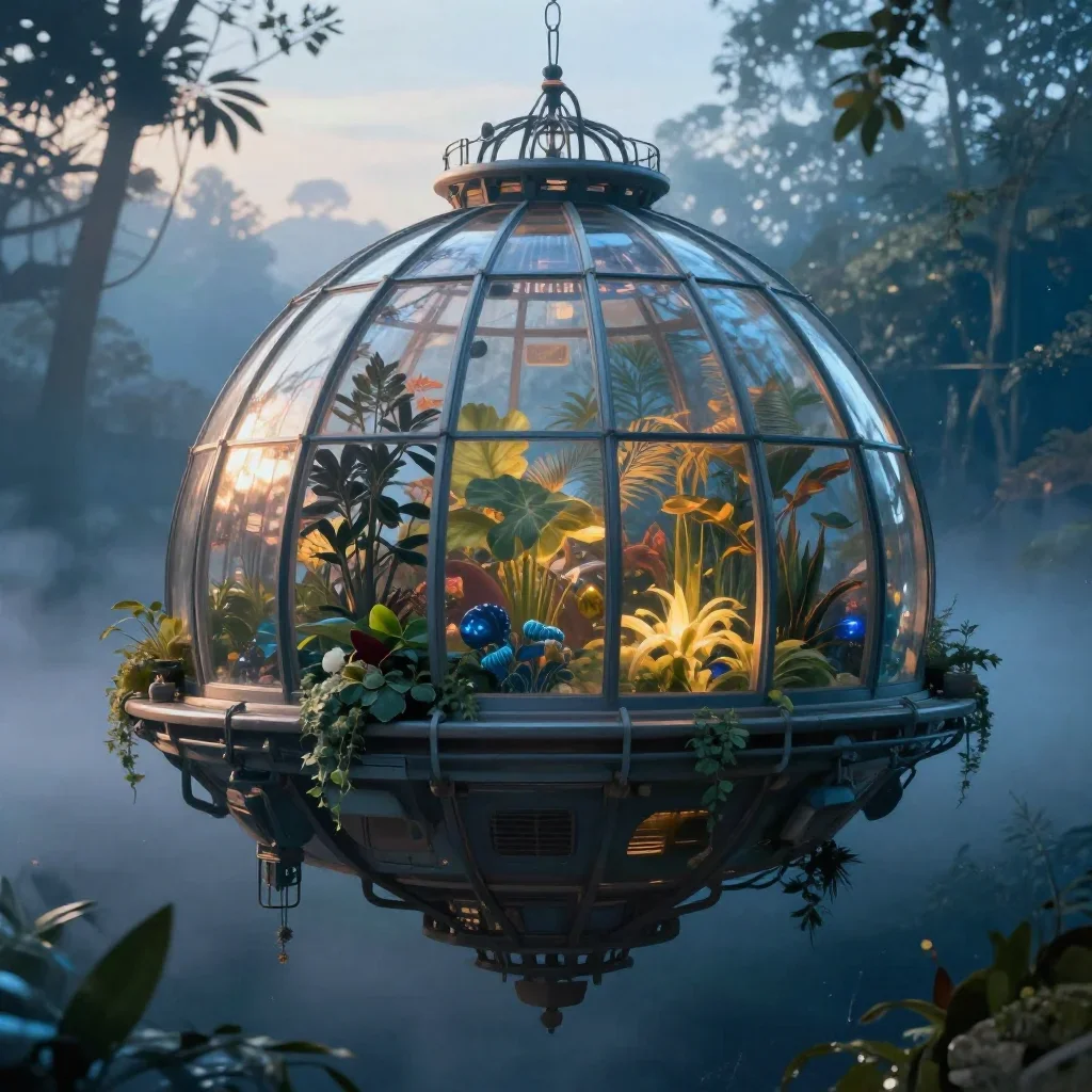 a floating botanical conservatory in quiet late-afternoon haze, quiet science-fiction concept art, atmospheric depth, co