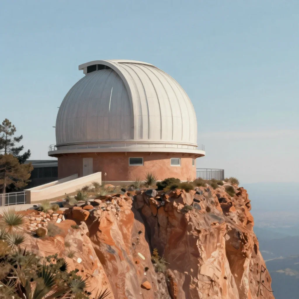 a cliffside observatory in crisp winter sunlight, contemporary botanical illustration, restrained color harmony, terraco