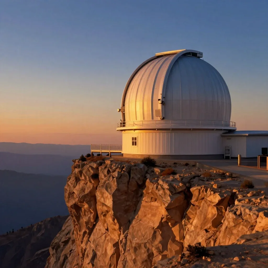 a cliffside observatory during golden hour, quiet science-fiction concept art, restrained color harmony, ochre and ultra