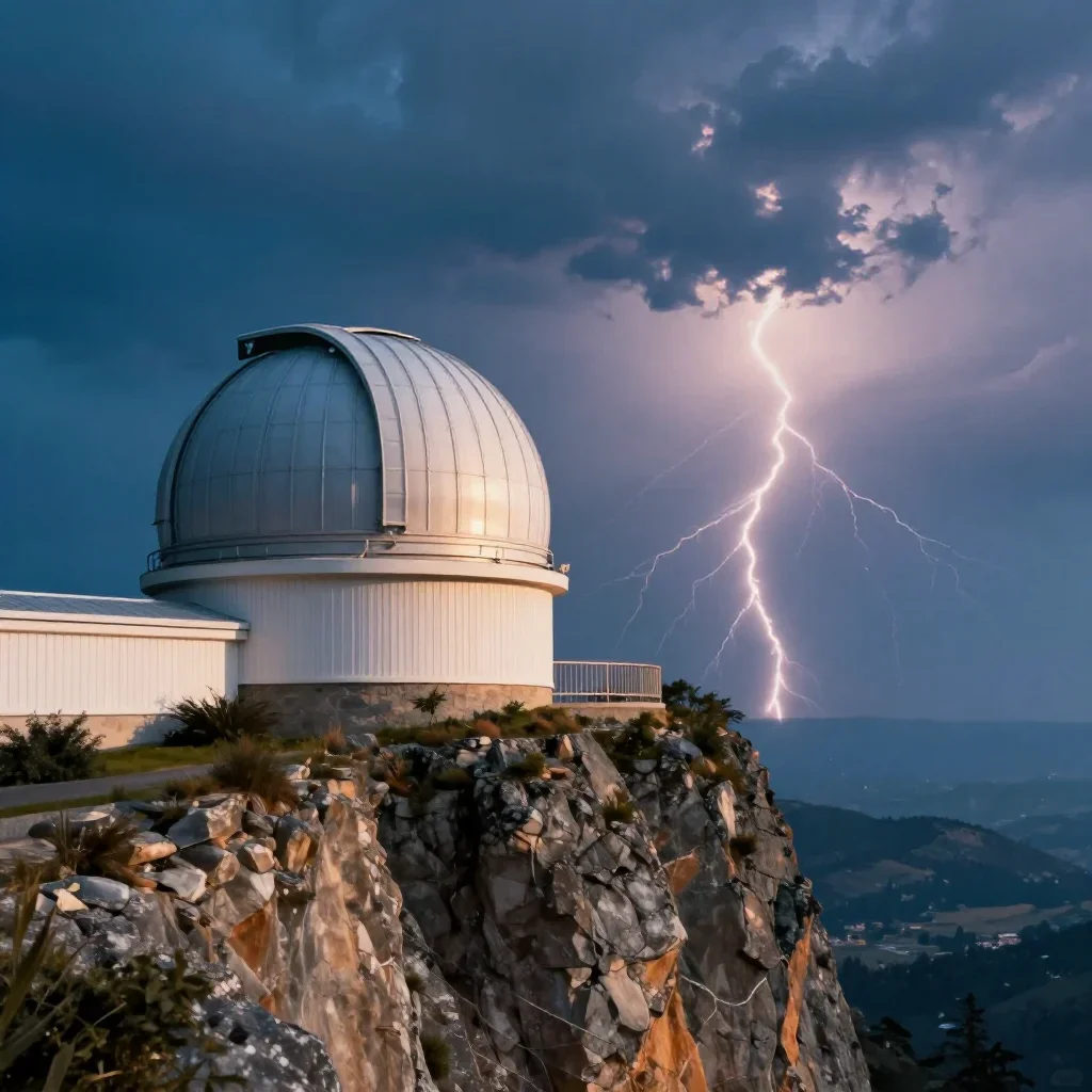 a cliffside observatory after a distant thunderstorm, cinematic architectural photography, soft volumetric light, cobalt