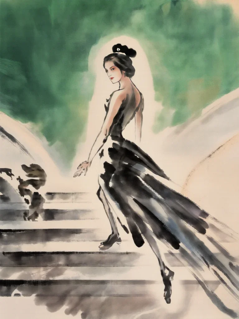 a spectral fox-spirit woman in an ink wash in a confident cinematic stride, on a marble staircase at dawn, bold Helmut N