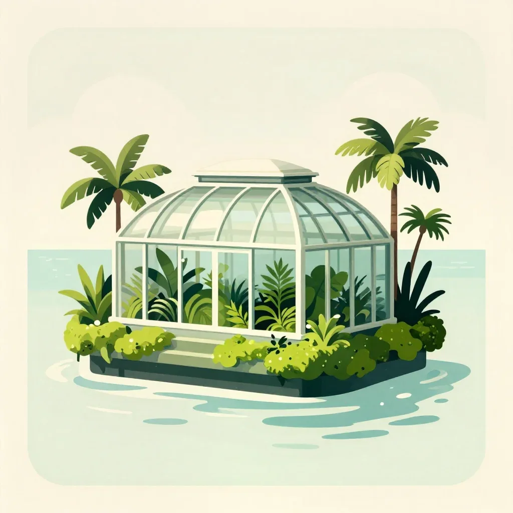 a floating botanical conservatory in a gentle sea breeze, modernist poster illustration, calm negative space, moss green