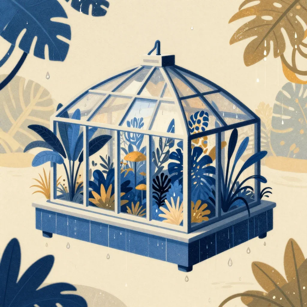 a floating botanical conservatory after warm summer rain, contemporary botanical illustration, subtle film grain, cobalt